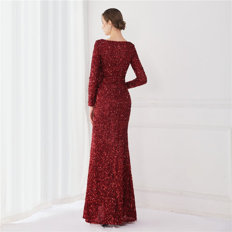 Vestido de Festa Longo Luxo Todo Detalhado em Paetês Marsala