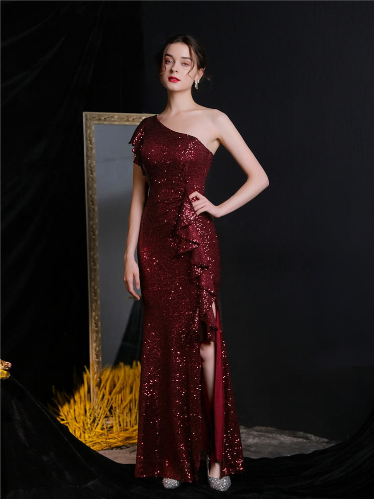 Vestido de Festa Longo com Abertura Bordada Brilho Marsala