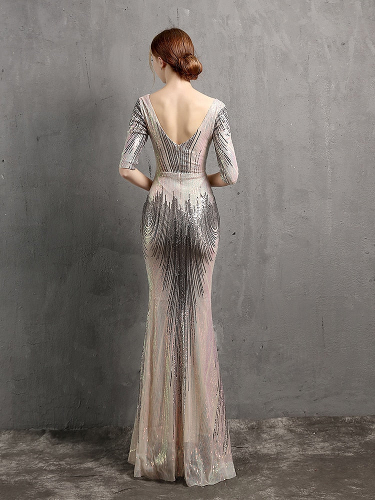 Vestido de Festa Longo Sereia Chiffon Brilho Prata