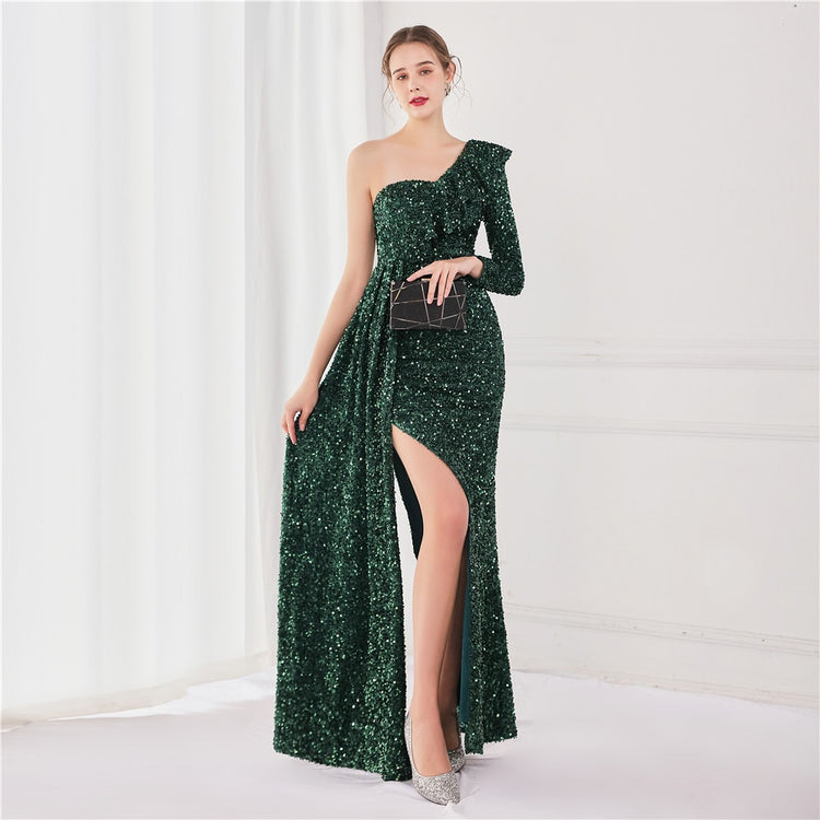 Vestido de Festa Longo com Babados Assimétricos Verde