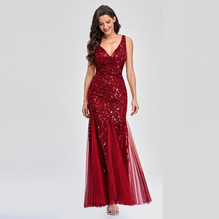 Vestido de Festa Longo Sereia com Detalhes Brilho Bordados Marsala