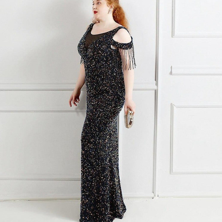 Vestido de Festa Longo Manga Borla Preto