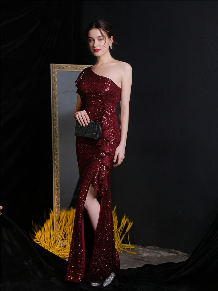 Vestido de Festa Longo com Abertura Bordada Brilho Marsala