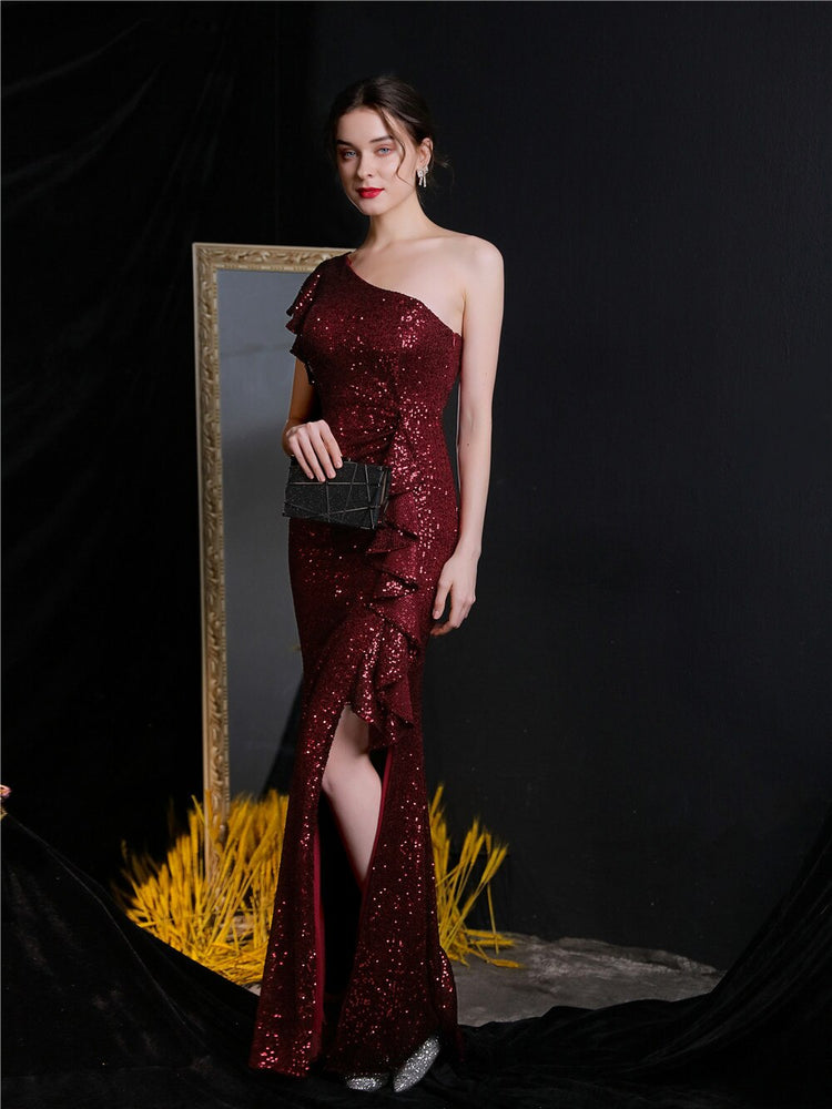 Vestido de Festa Longo Assimétrico com Detalhes Babados Marsala