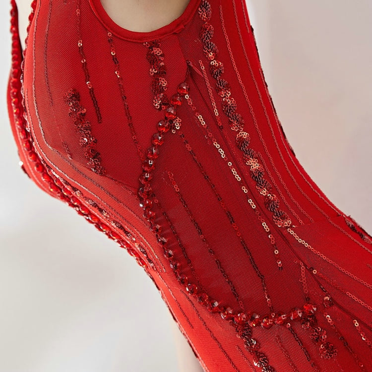 Vestido de Festa Longo Sereia com Decote V Brilho Vermelho