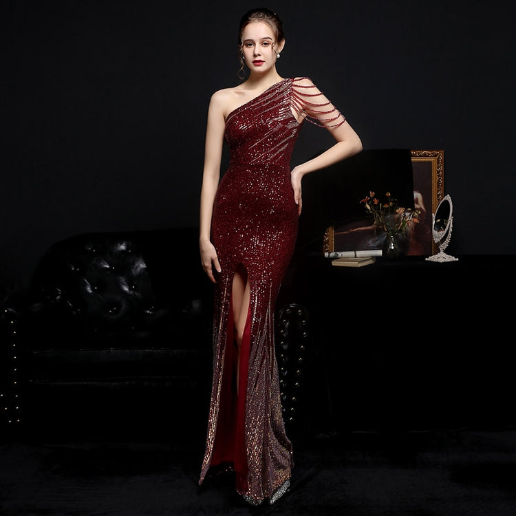 Vestido de Festa Sereia Brilho com Ombro Único Marsala