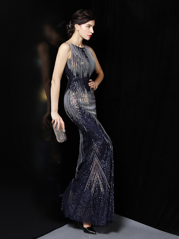 Vestidos de Festa Sereia Luxo com Brilho Azul Marinho