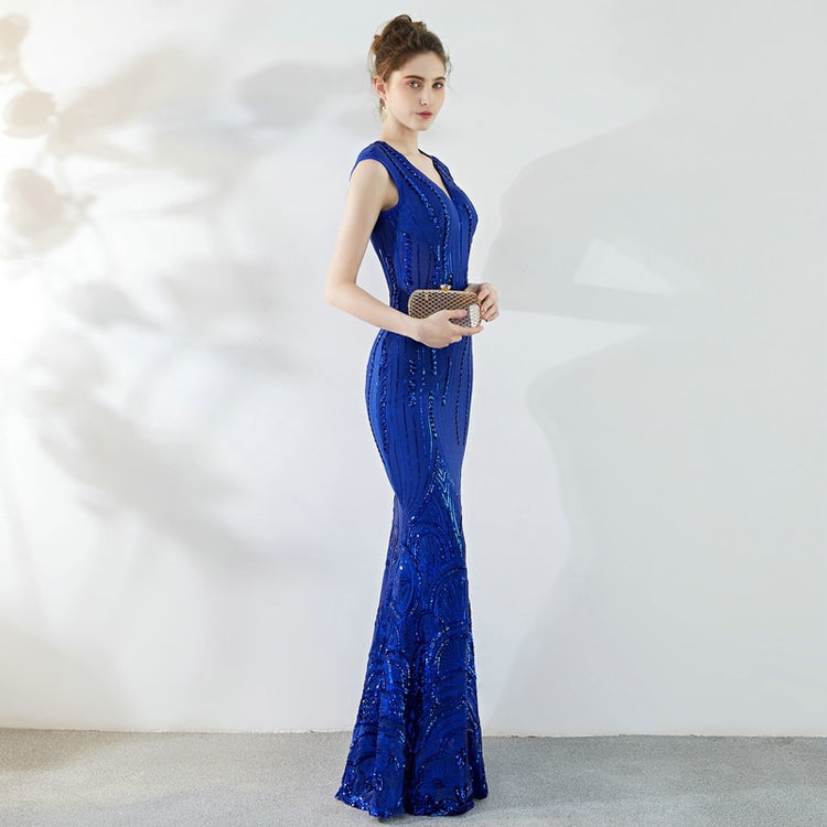 Vestido de Festa Longo Sereia com Decote V Brilho Azul Royal