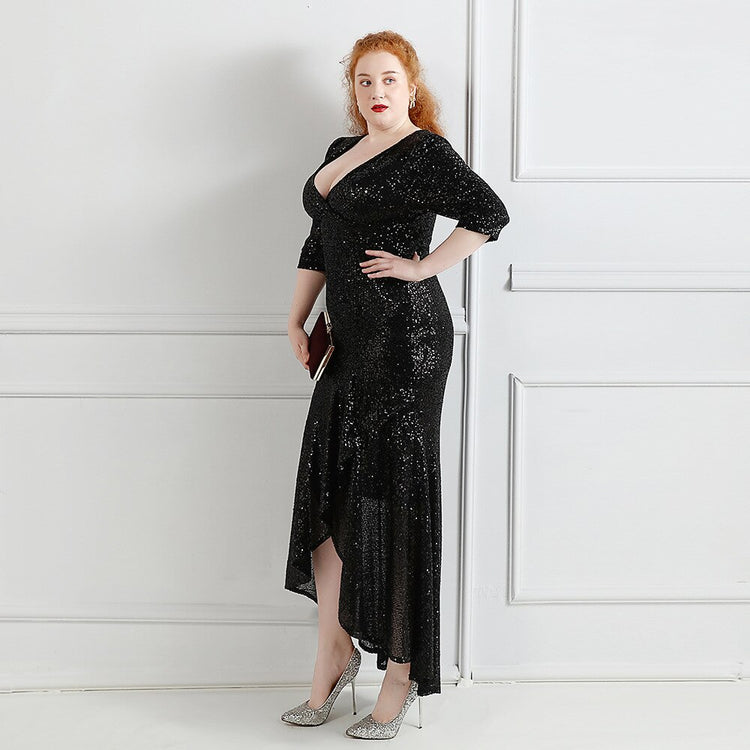 Vestido de Festa Midi com Tecido Brilho e Babados Preto