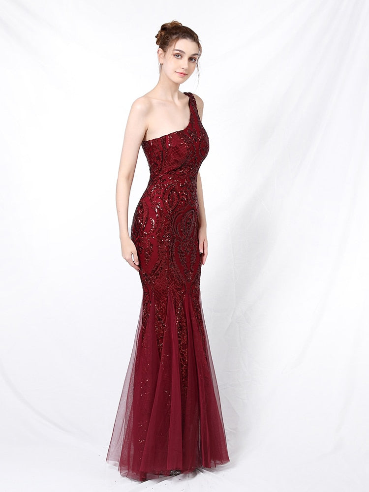 Vestido de Festa Ombro Único em Tule com Bordados Paetês Marsala