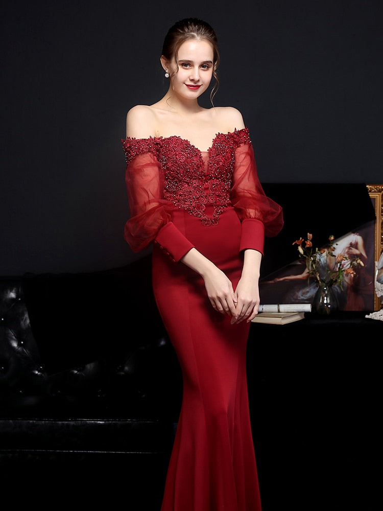 Vestido de Festa Longo Sereia com Manga com Renda e Detalhes Bordados Marsala