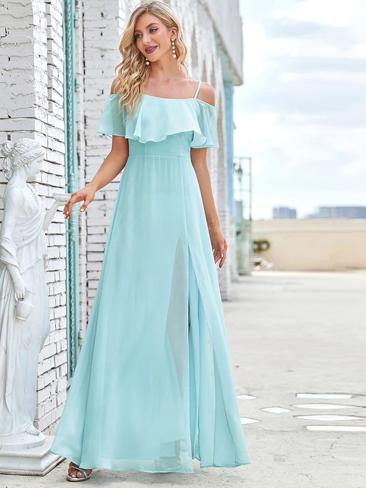 Vestido de Festa Longo com Abertura Lateral com Alça Espaguete Azul Tiffany