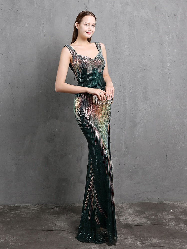 Vestido de Festa Longo Contemporaneo com Abertura Lateral Verde Escuro