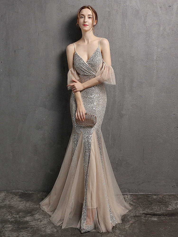 Vestido de Festa Longo Elegante com Manga com Renda Prata
