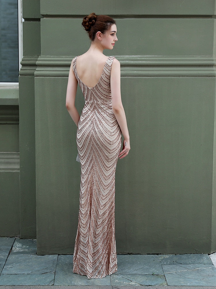 Vestido de Festa Longo Sereia Brilho sem Manga Dourado