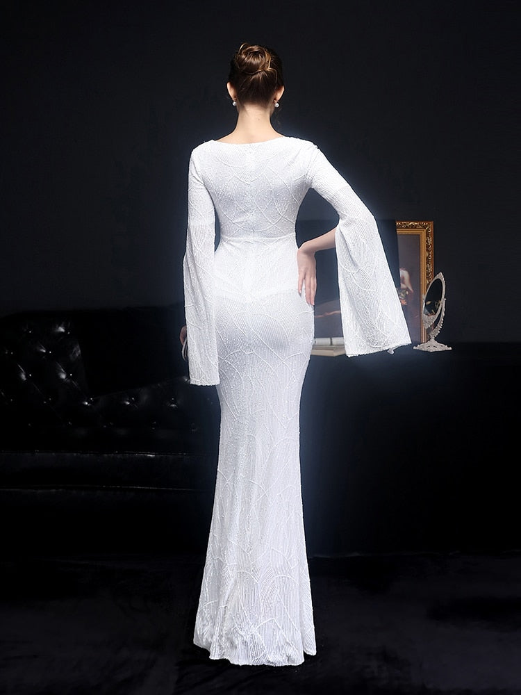 Vestido de Festa Longo Sereia Cristal com Manga Solta Branco