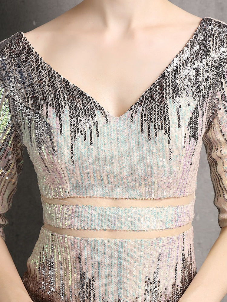 Vestido de Festa Longo Sereia Chiffon Brilho Prata