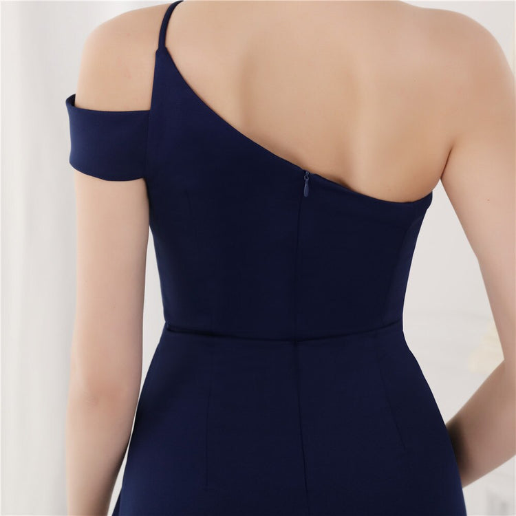 Vestido de Festa Longo com Ombro Assimétrico Azul Marinho