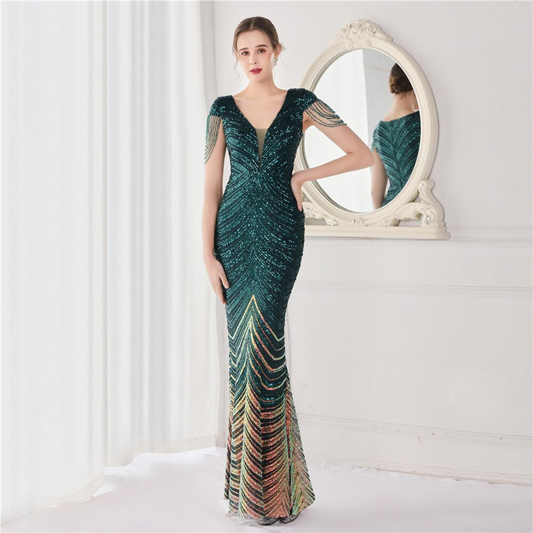 Vestido de Festa Luxo Sereia com Detalhes Paetês Verde