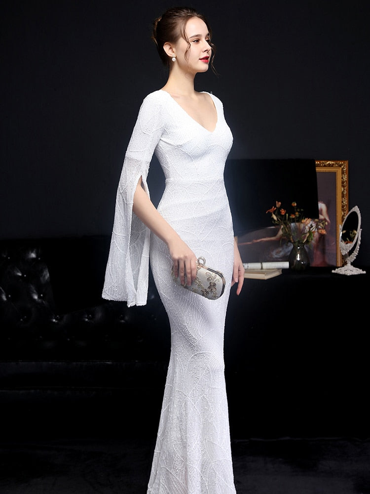 Vestido de Festa Longo Sereia Cristal com Manga Solta Branco