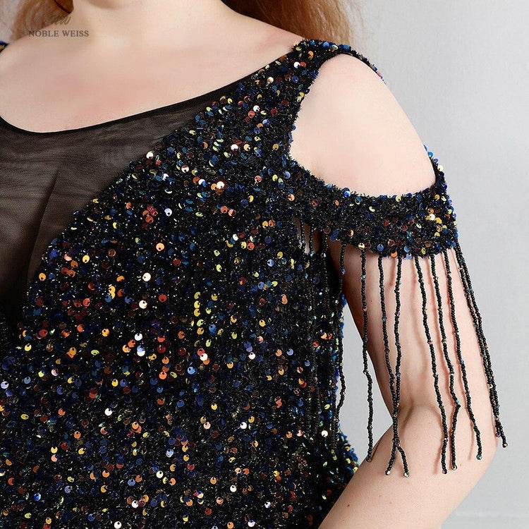 Vestido de Festa Longo Manga Borla Preto