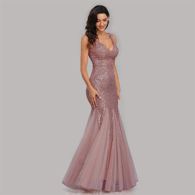 Vestido de Festa Longo Sereia com Detalhes Paetês Rosé
