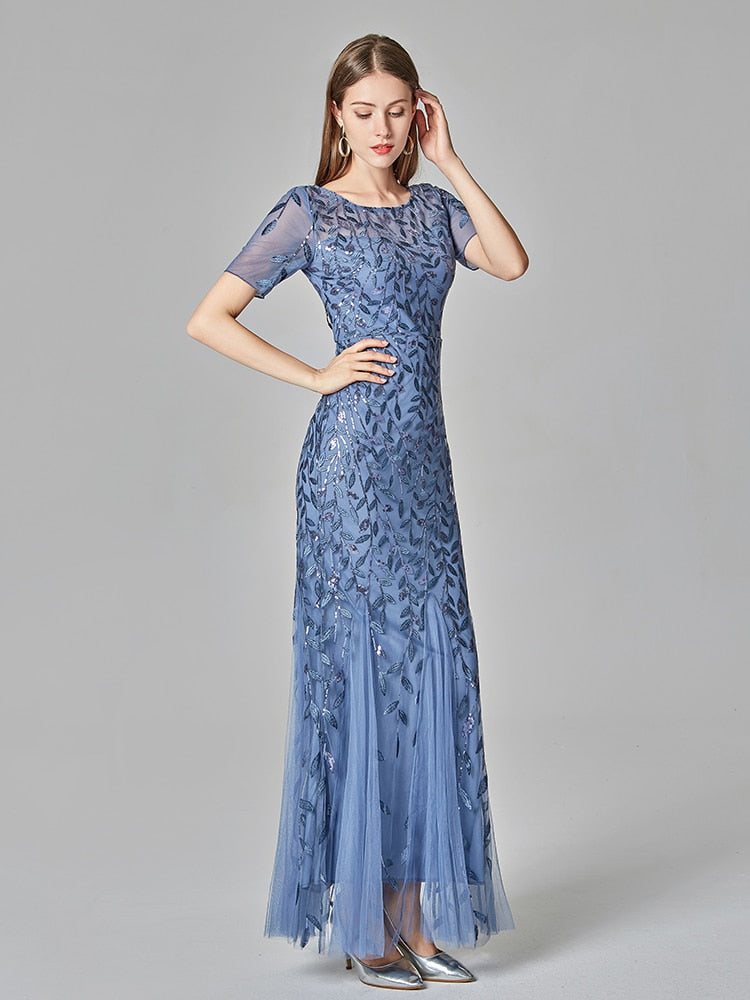 Vestido de Festa Elegante Azul Empoeirado com Apliques Folhagem (Pronta Entrega)