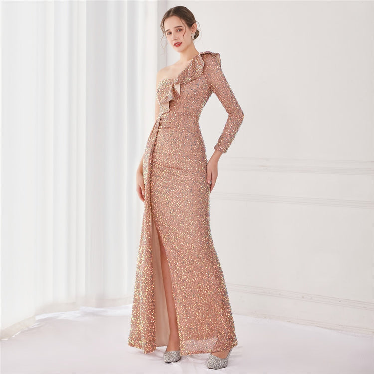 Vestido de Festa Longo com Babados Assimétricos Dourado
