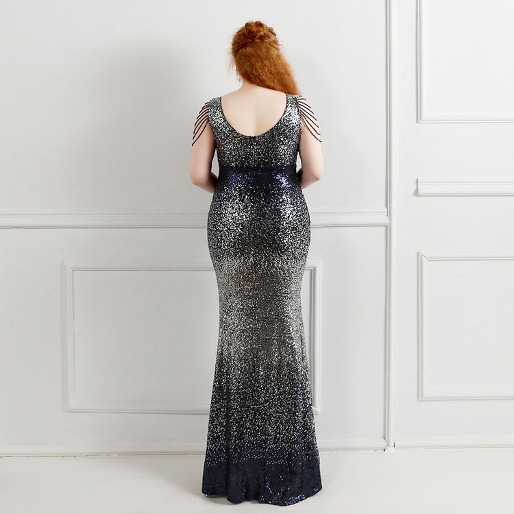 Vestido de Festa Longo com Manga Colar Azul Marinho com Prata