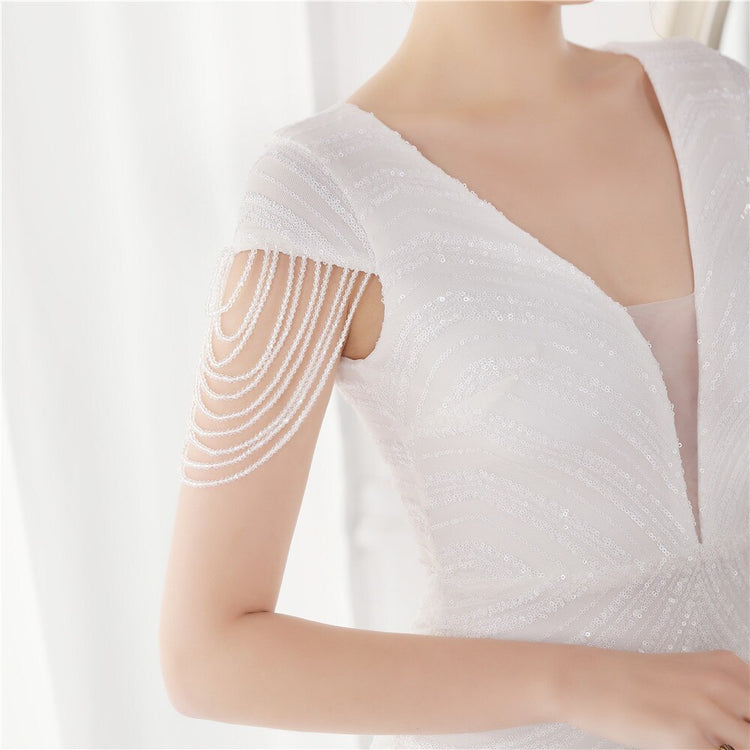 Vestido de Festa Luxo Sereia com Detalhes Paetês Branco