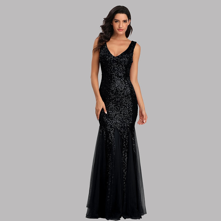 Vestido de Festa Longo Sereia com Detalhes Paetês Preto