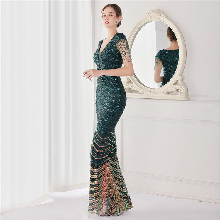 Vestido de Festa Luxo Sereia com Detalhes Paetês Verde