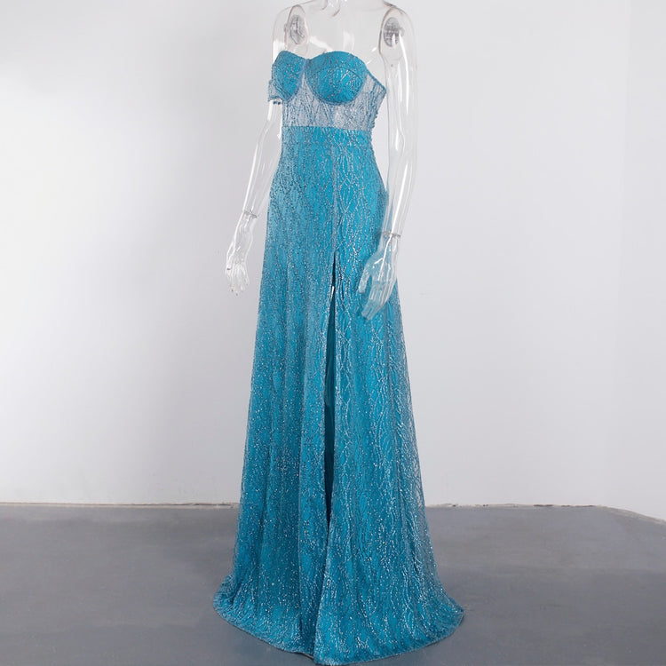 Vestido de Festa Longo com Fenda e Transparência Azul Serenity