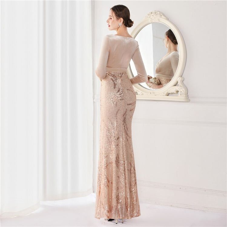 Vestido de Festa Luxo Sereia com Paetês Bordados Dourado