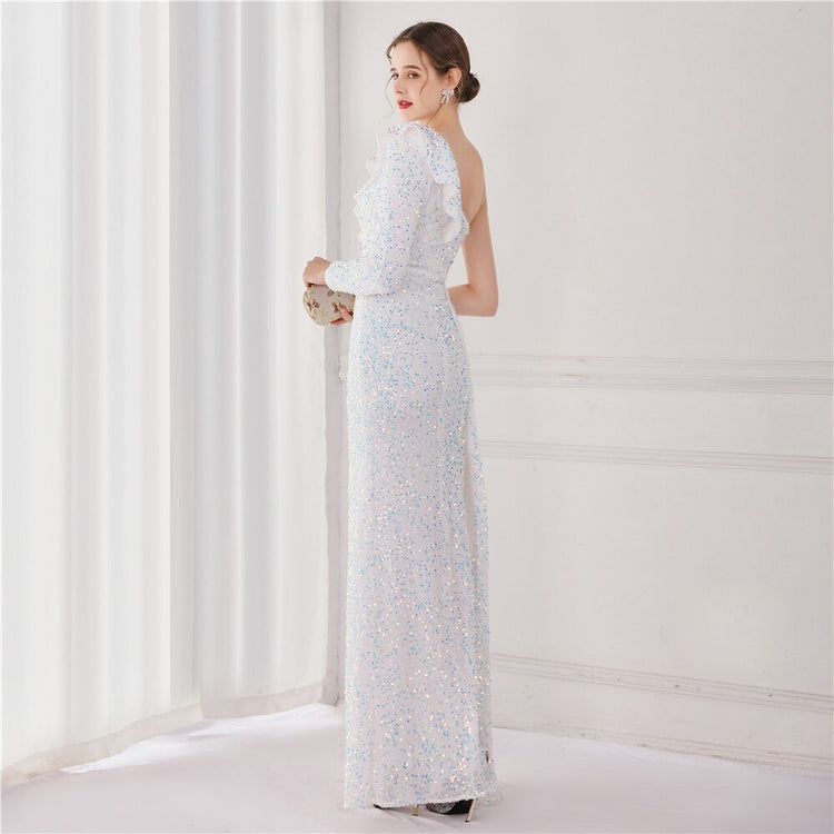 Vestido de Festa Longo com Babados Assimétricos Branco