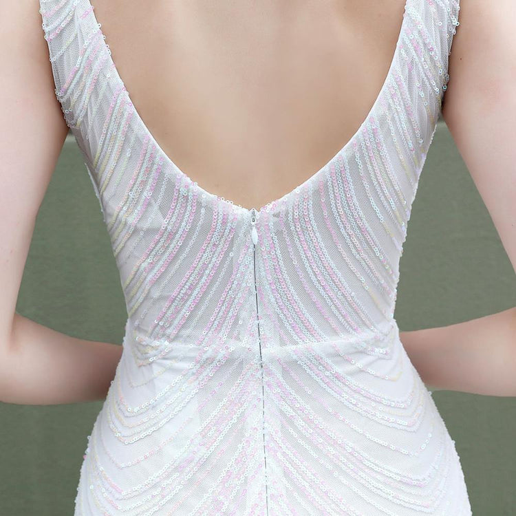 Vestido de Festa Longo Sereia Brilho sem Manga Branco