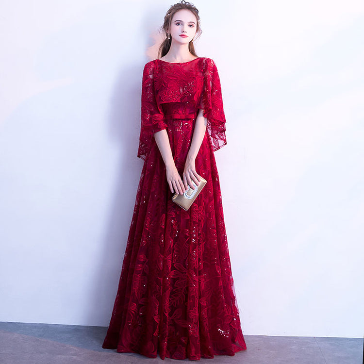 Vestido de Festa Longo com Manta Rendada Marsala
