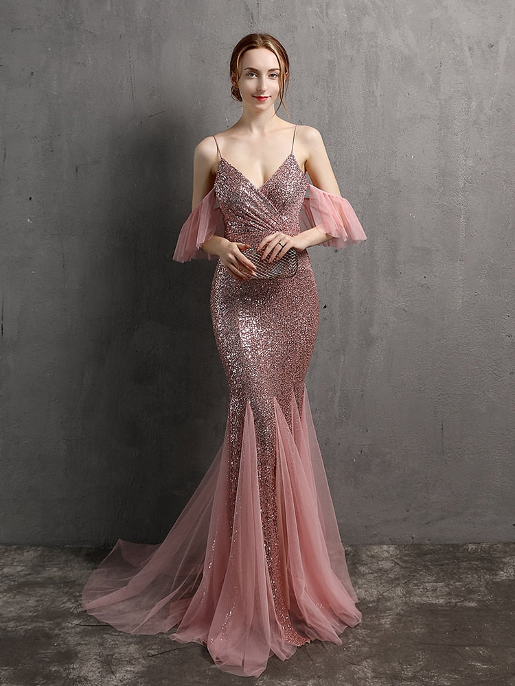 Vestido de Festa Longo Elegante com Manga com Renda Rosa Empoeirado