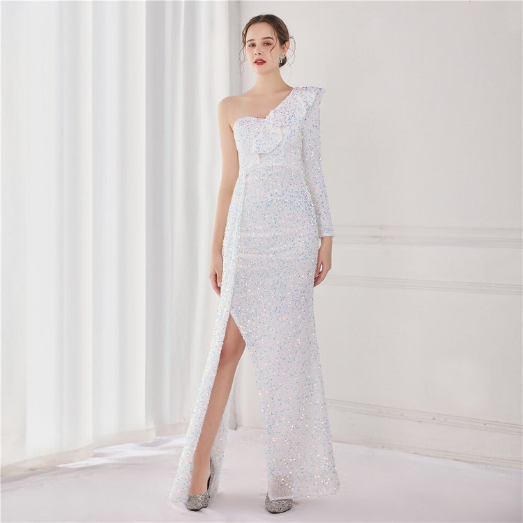 Vestido de Festa Longo com Babados Assimétricos Branco