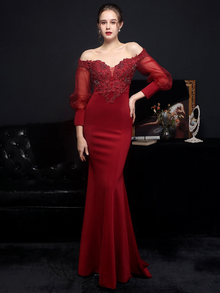 Vestido de Festa Longo Sereia com Manga com Renda e Detalhes Bordados Marsala