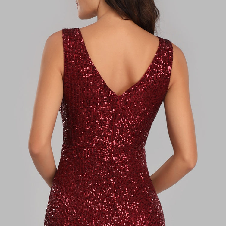 Vestido de Festa Longo Sereia com Detalhes Paetês Marsala
