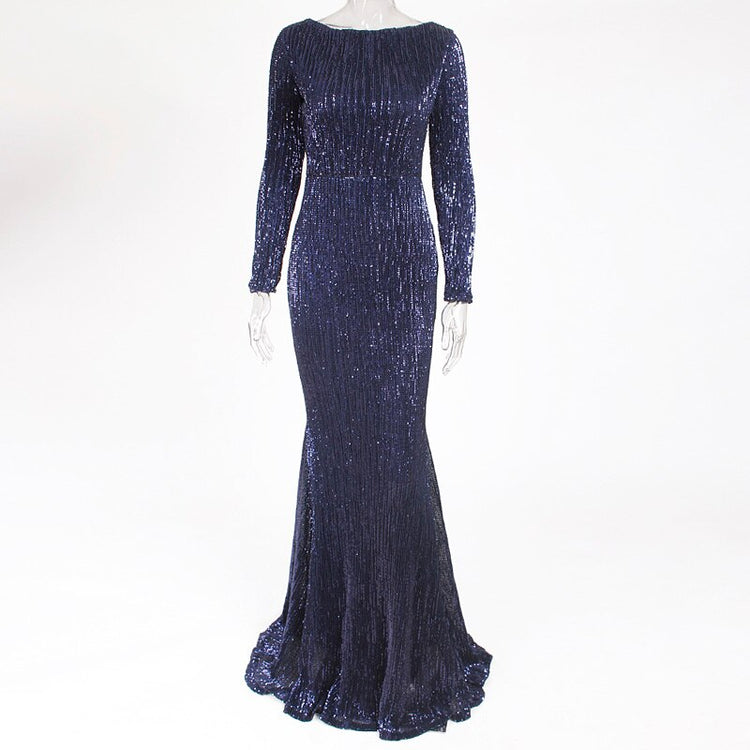 Vestido de Festa Longo Elegante com Manga Azul Marinho