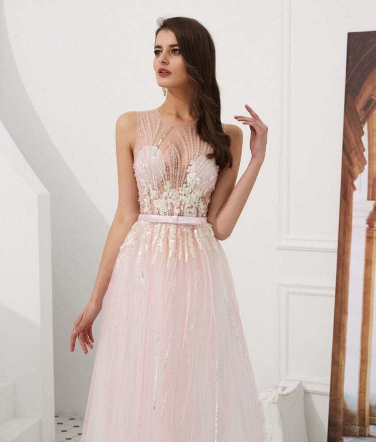 Vestido de Festa Luxo em Tule e Sobreposição Transparente Rosé - Modelo Especial