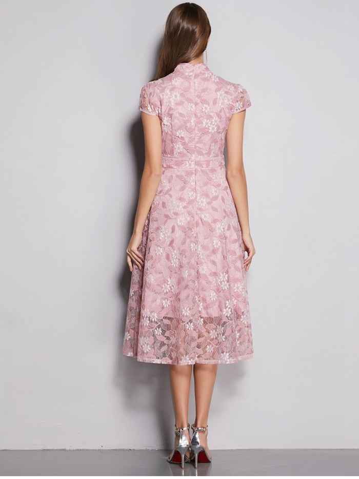 Vestido de Festa Midi Rendado Floral Rosé