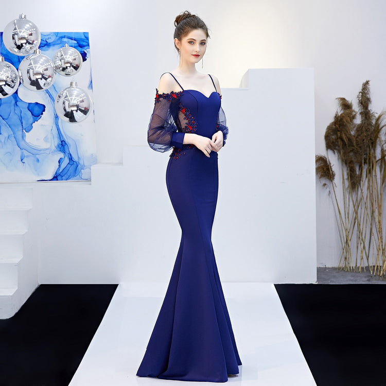 Vestido de Festa Longo Silhueta Sereia com Detalhes de Flores Azul Royal (Pronta Entrega)