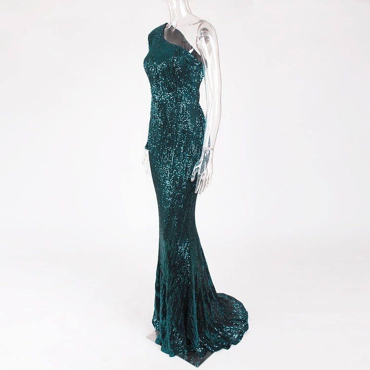Vestido de Festa com Tecido em Dupla Camada e Brilho Verde
