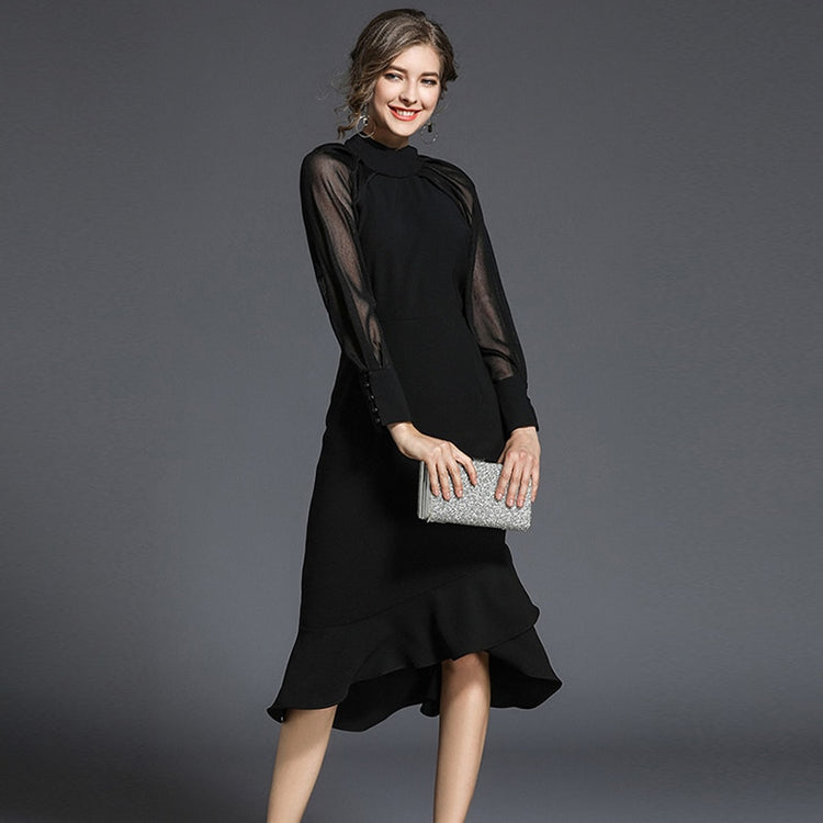 Vestido de Festa Sereia com Manga e Renda Preto