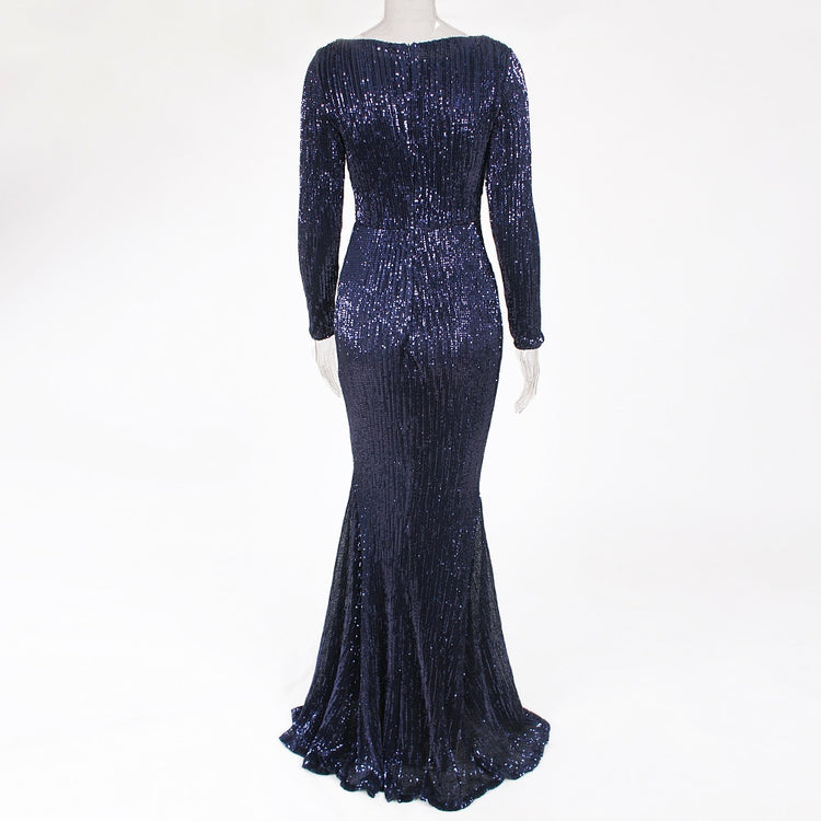 Vestido de Festa Longo Elegante com Manga Azul Marinho