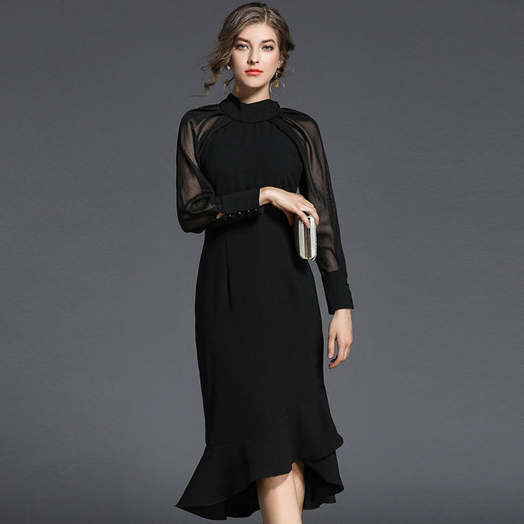 Vestido de Festa Sereia com Manga e Renda Preto