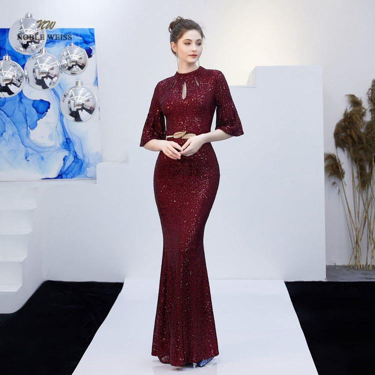 Vestido de Festa Longo Sereia com Detalhes Cristal Marsala